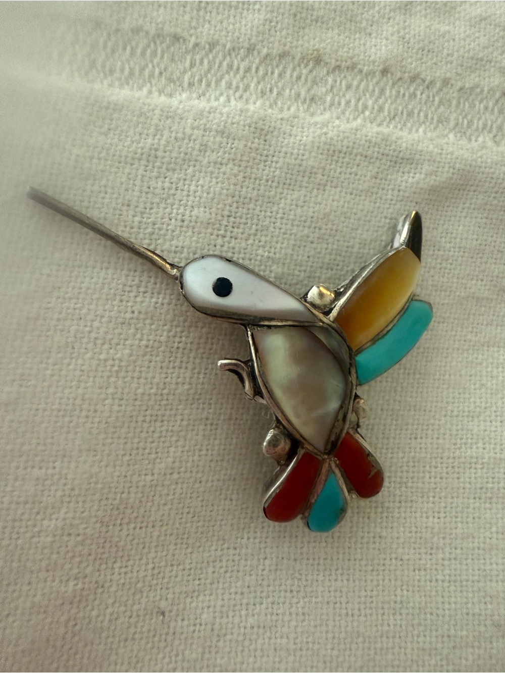 Vintage Zuni Sterling Silver Stone Inlay Hummingbird Pendant Brooch Pin